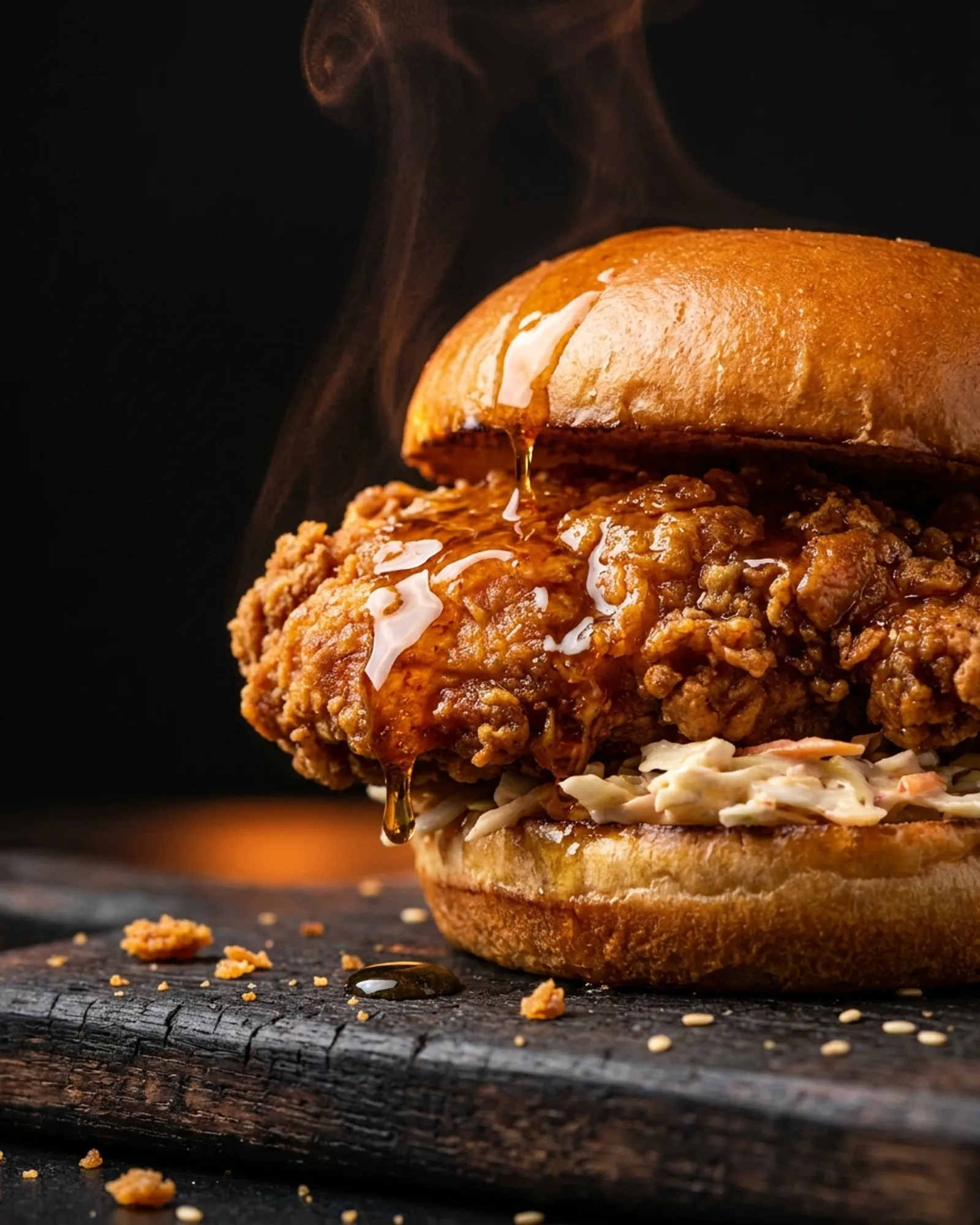 Crispy Ember — Buttermilk fried chicken, hot honey, slaw, brioche.