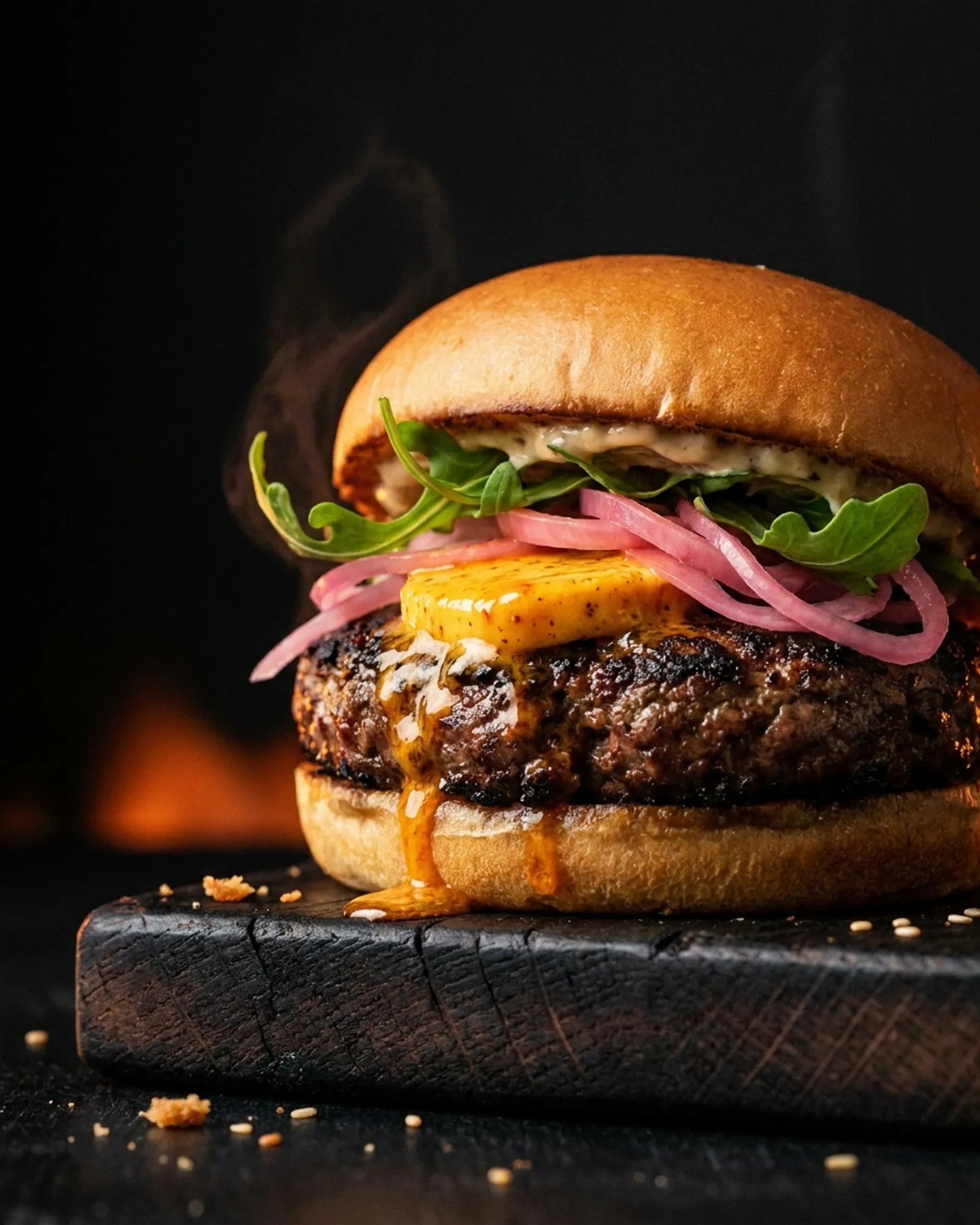 Harissa Ember — Beef patty, harissa butter, pickled fennel, arugula, roasted garlic aioli.