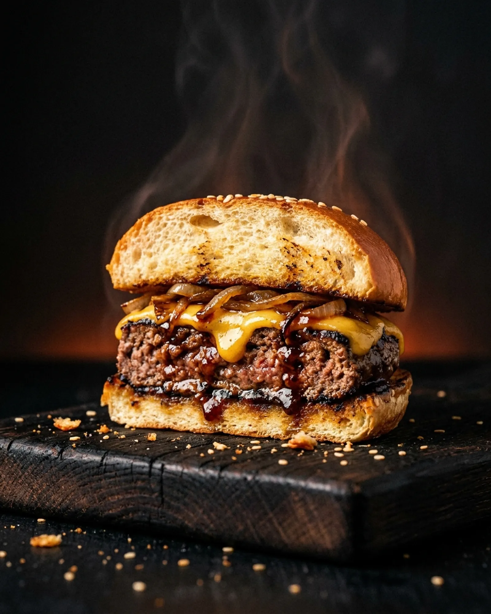 The Original — Halal beef, aged cheddar, caramelized onion, ember sauce, toasted brioche.